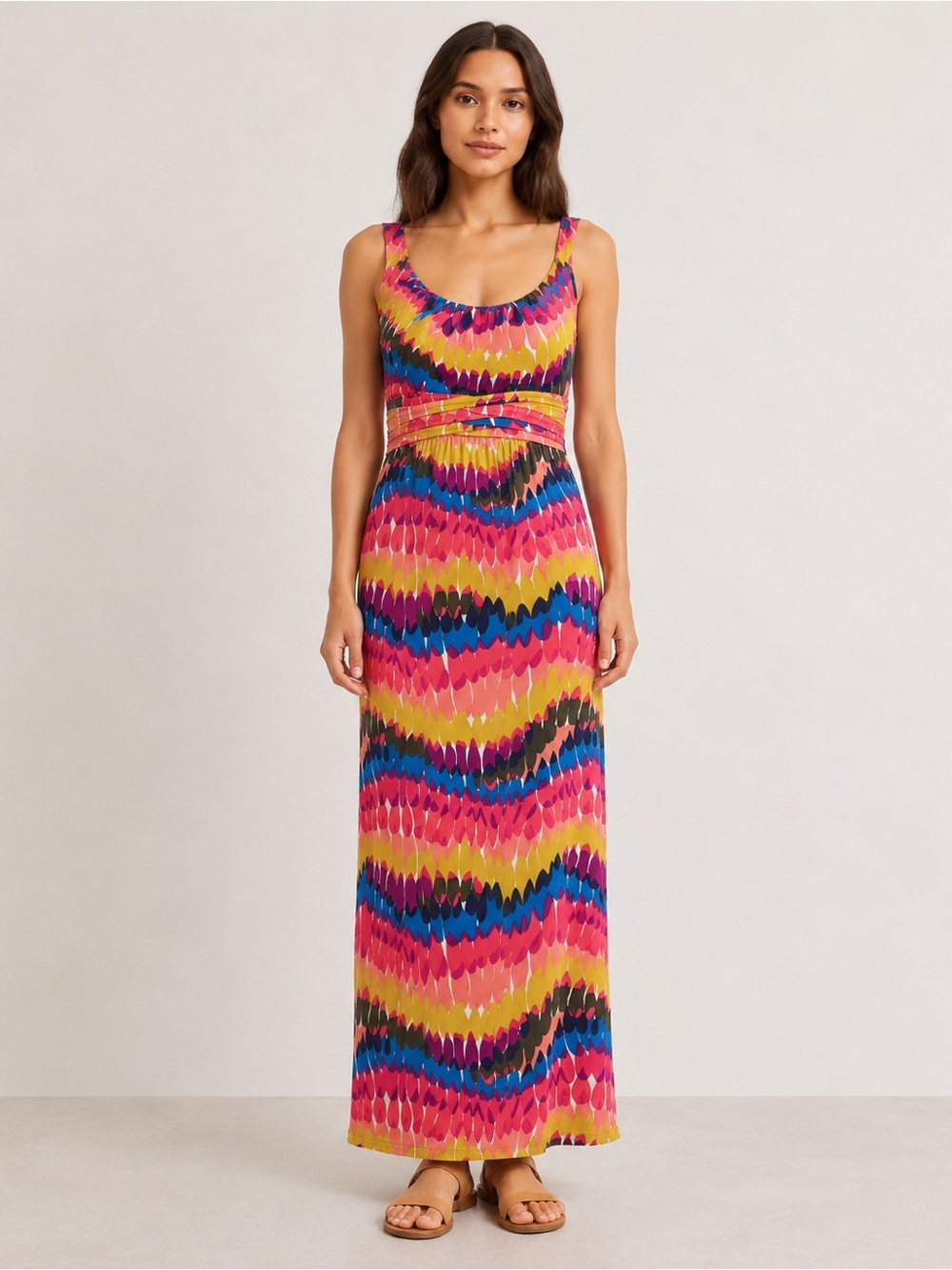 BODEN Petite Maxi Dress 2P Pink Blue Abstract Print Sleeveless Ruched Waist